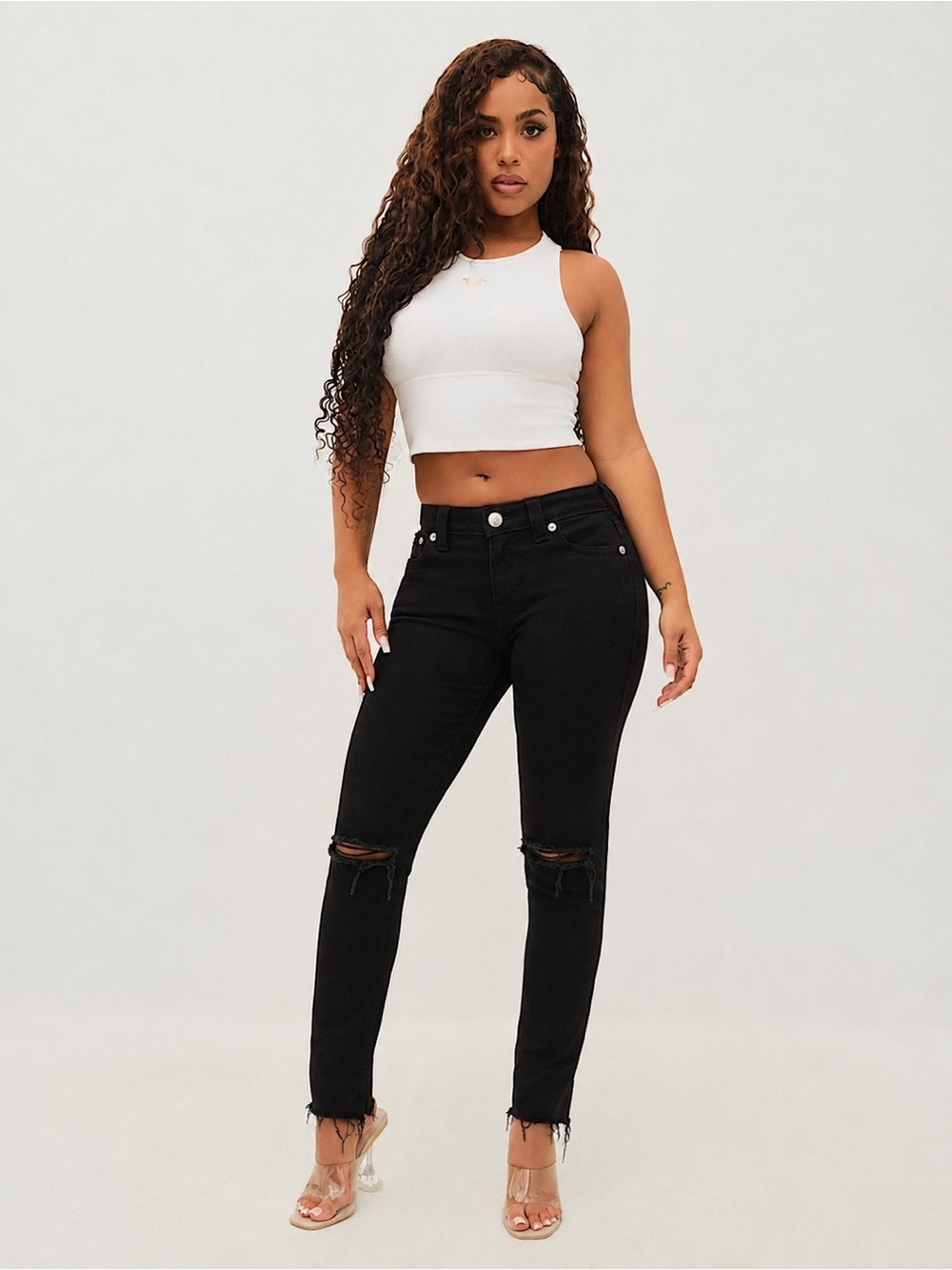 True Religion Halle Mid Rise Black Skinny High-Rise Distressed Jeans